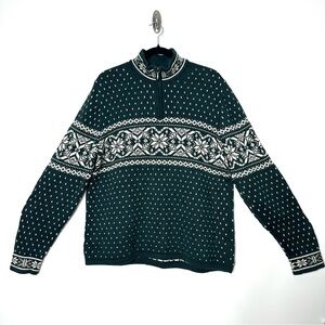Vintage Land’s End Forest Green Fair Isle Mock Neck Sweater Quarter Zip Cozycore